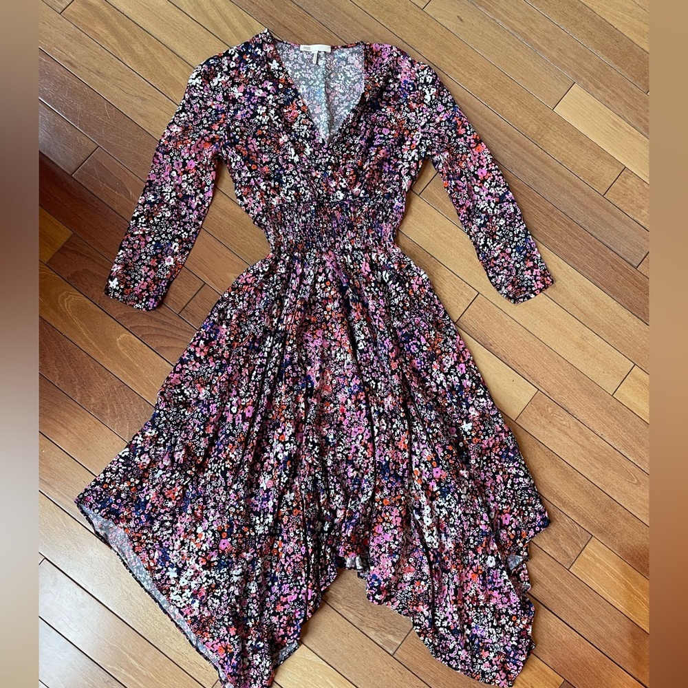 Maje Avianah Floral Asymmetrical Midi Dress Size 38 Black Pink Handkerchief - Picture 4 of 15